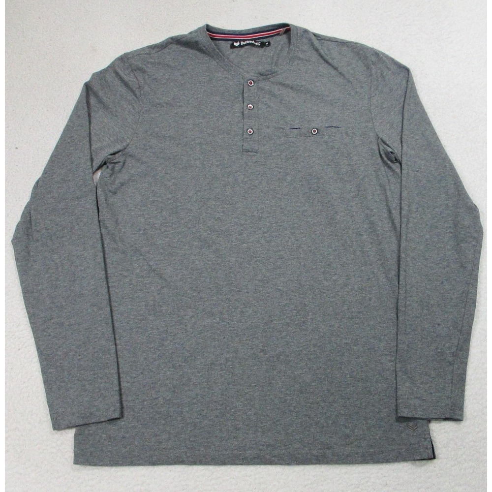 Buttercloth Shirt Mens Medium Gray Long Sleeve Henley Pocket Casual Crewneck
